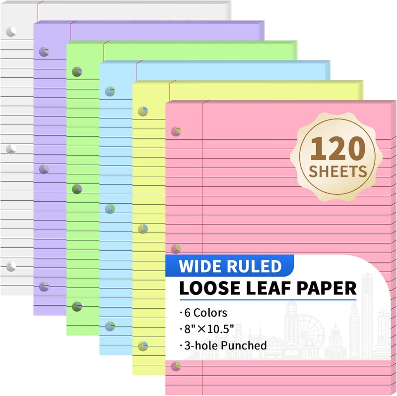 Pidada 120 Sheets Loose Leaf Binder Paper, 6-Color Wide Ruled Lined Paper, 8” x 10.5”, 3-Hole Punched Notebook Paper Writing Paper for School Office - Image 1